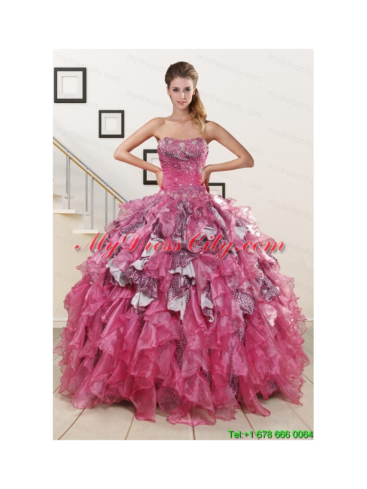 Exquisite Beading Hot Pink Sweet 15 Dress with Leopard