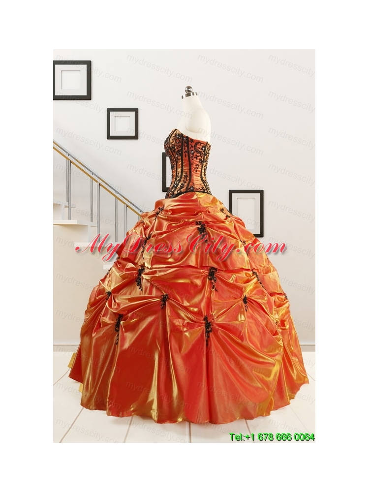 2015 Cheap Appliques Quinceanera Dresses in Orange Red and Black