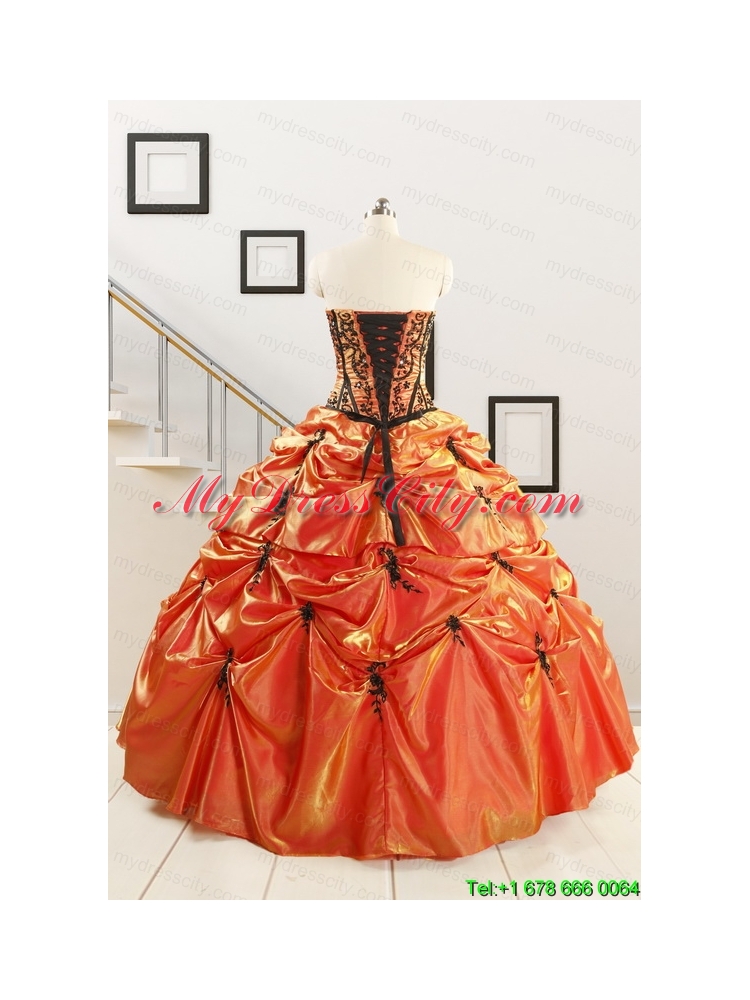 2015 Cheap Appliques Quinceanera Dresses in Orange Red and Black