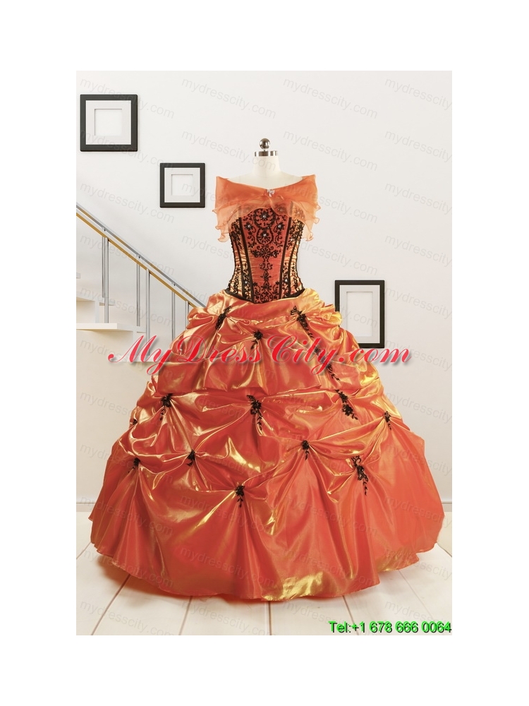 2015 Cheap Appliques Quinceanera Dresses in Orange Red and Black