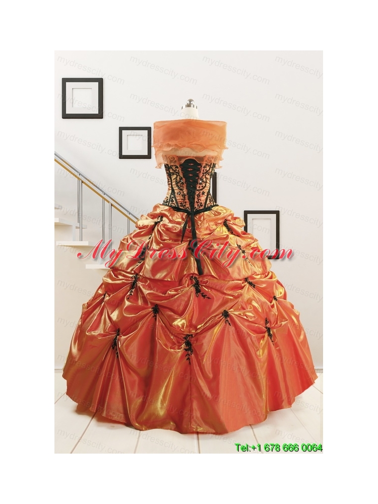 2015 Cheap Appliques Quinceanera Dresses in Orange Red and Black
