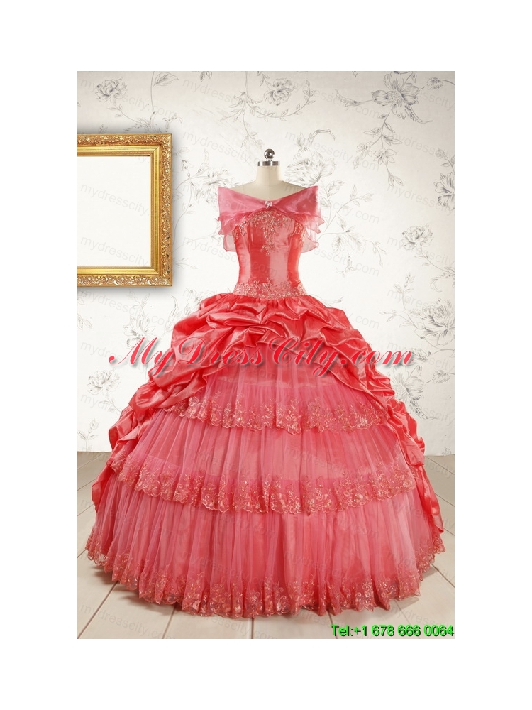 2015 Puffy Appliques Watermelon Quinceanera Dresses with Strapless