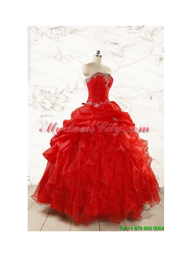 2015 Ball Gown Strapless Beading and Ruffles Red Sweet 15 Dresses