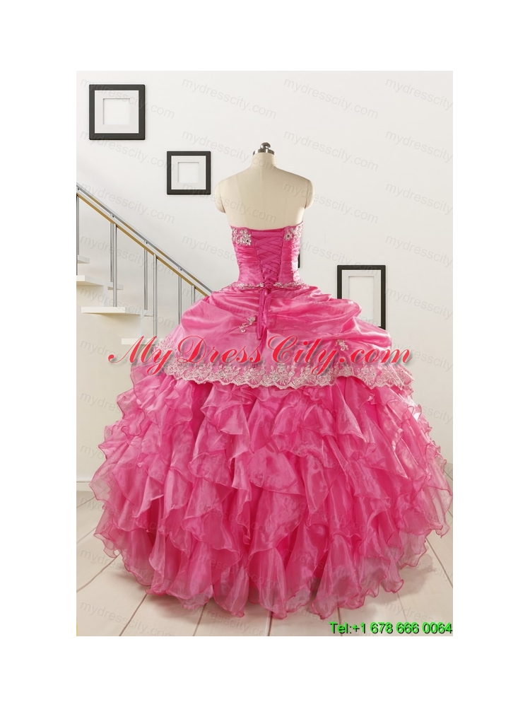 2015 Pretty Appliques and Ruffles Quinceanera Gowns in Hot Pink