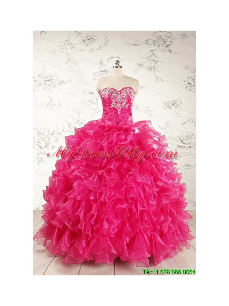 Beautiful Hot Pink Sweet 15 Dresses with Appliques and Ruffles