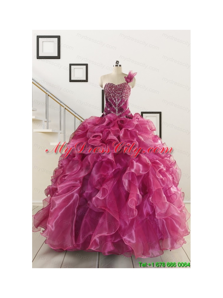 Exclusive Beading One Shoulder Sweet 16 Dresses in Fuchsia
