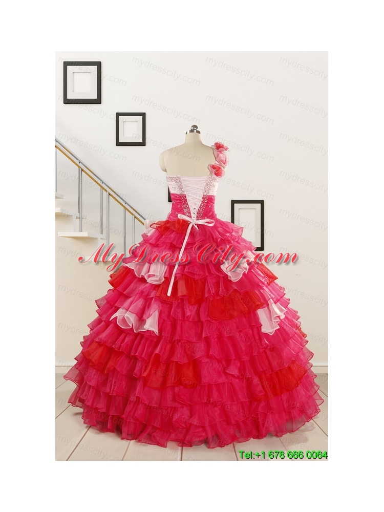 2015 Multi Color Hand Made FlowerQuinceanera Dress with One Shoulder
