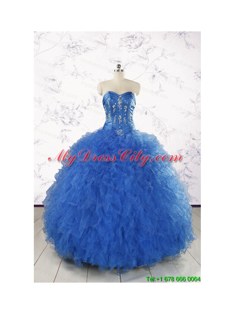2015 Pretty Blue Quinceanera Dresses with Appliques and Ruffles