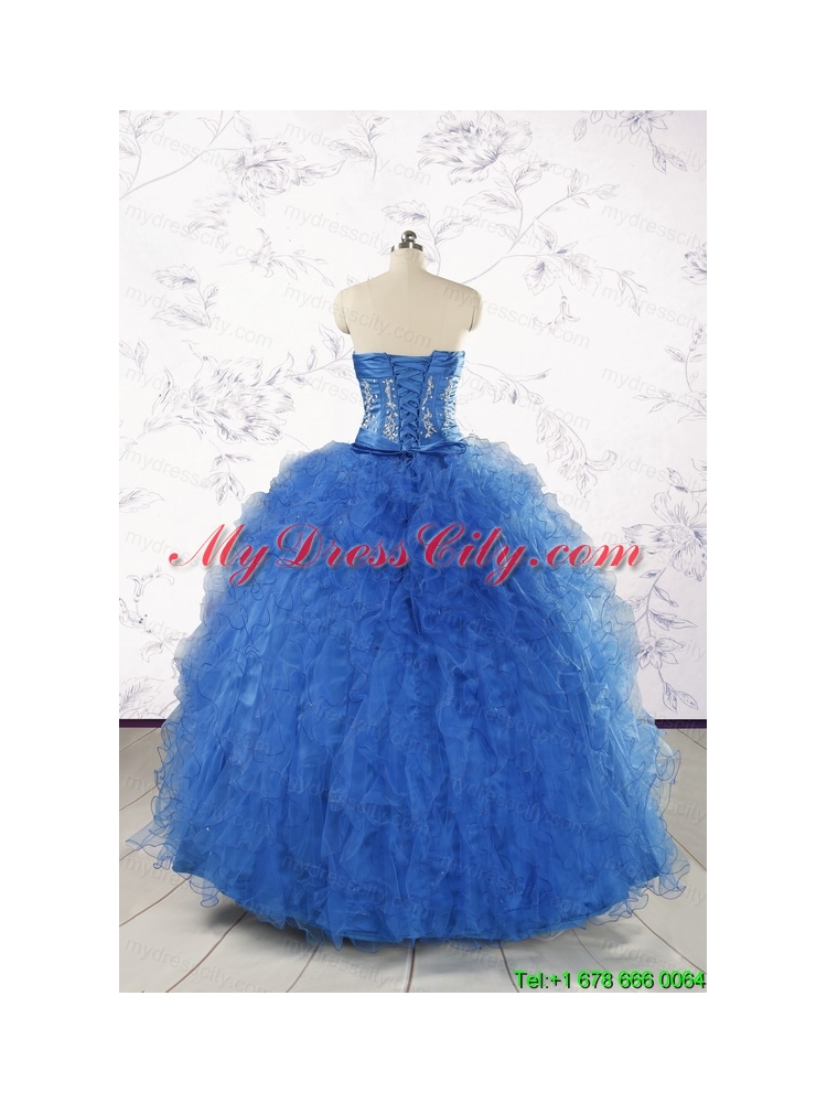 2015 Pretty Blue Quinceanera Dresses with Appliques and Ruffles