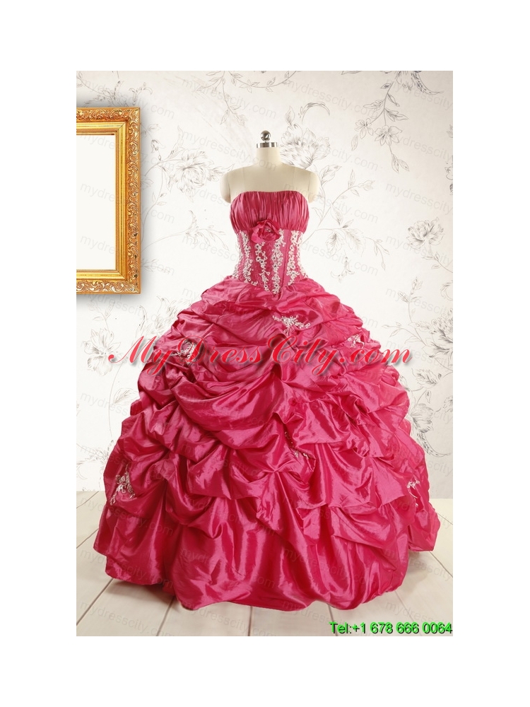 Cheap Appliques Coral Red Quinceanera Dress with Strapless