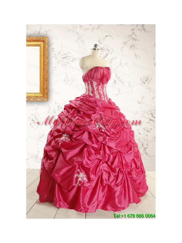 Cheap Appliques Coral Red Quinceanera Dress with Strapless