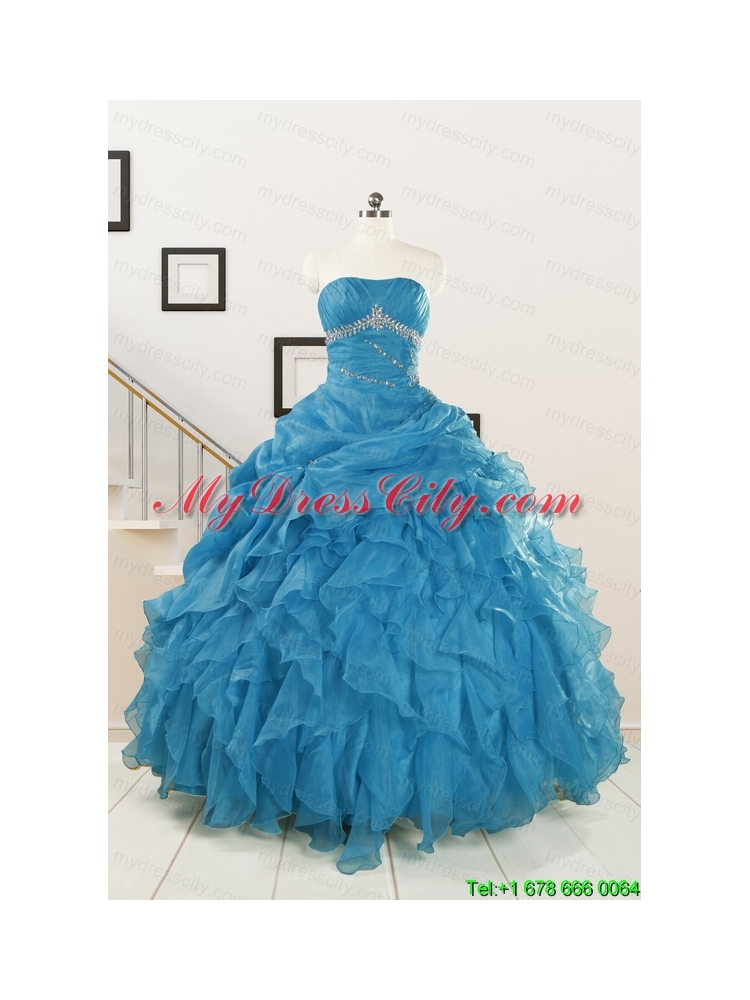 2015 Elegant Strapless Blue Quinceanera Dresses with Beading and Ruffles