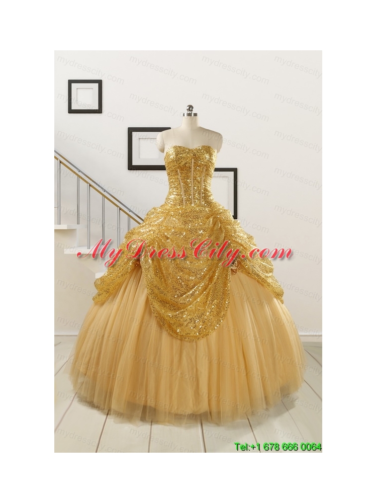 2015 Most Popular Sweetheart Sequined Quinceanera Dresses in Gold