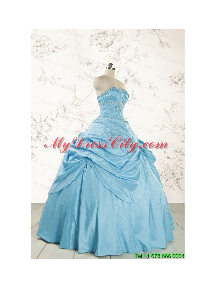2015 Discount Strapless Appliques Sweet 15 Dress in Aqua Blue