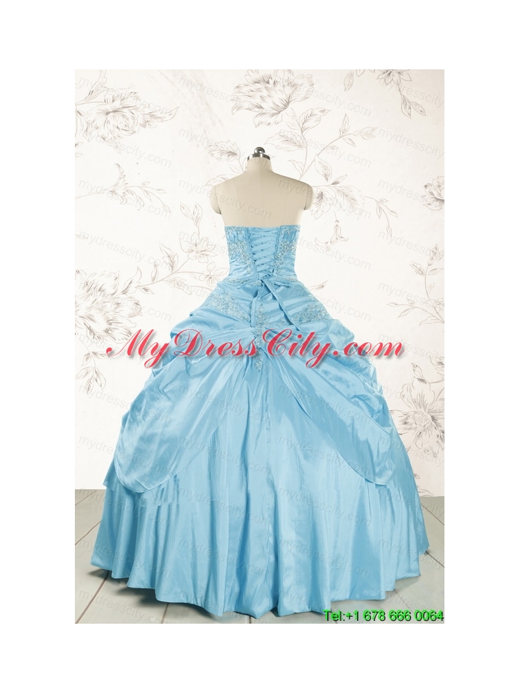 2015 Discount Strapless Appliques Sweet 15 Dress in Aqua Blue