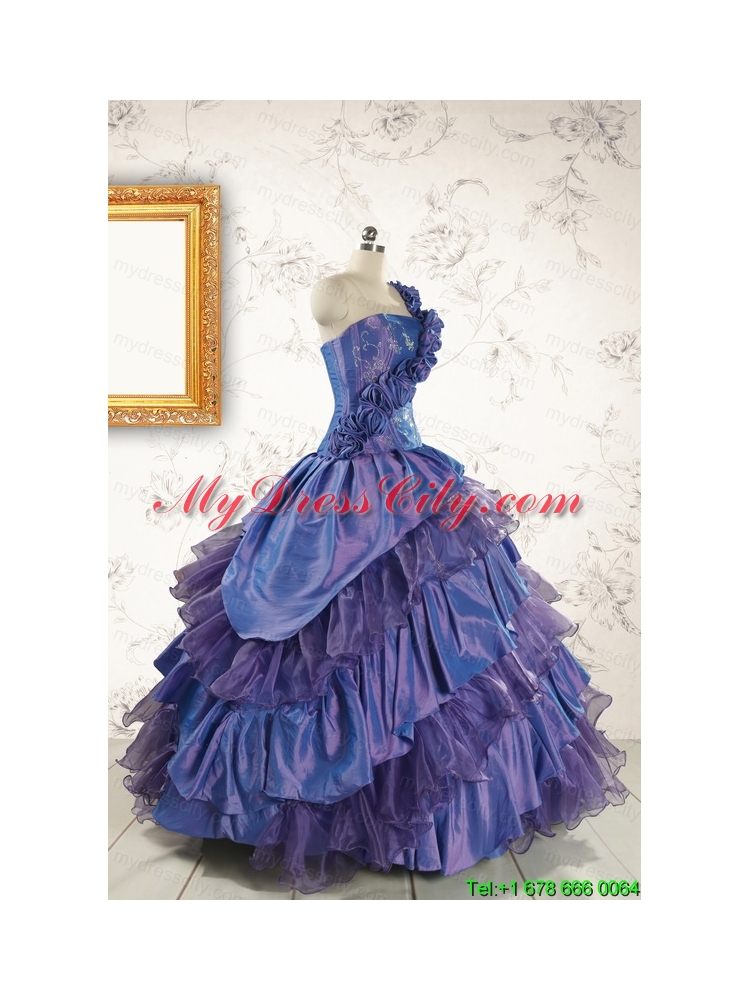 2015 Remarkable One Shoulder Hand Made Flowers and Ruffles Quinceanera Dresses