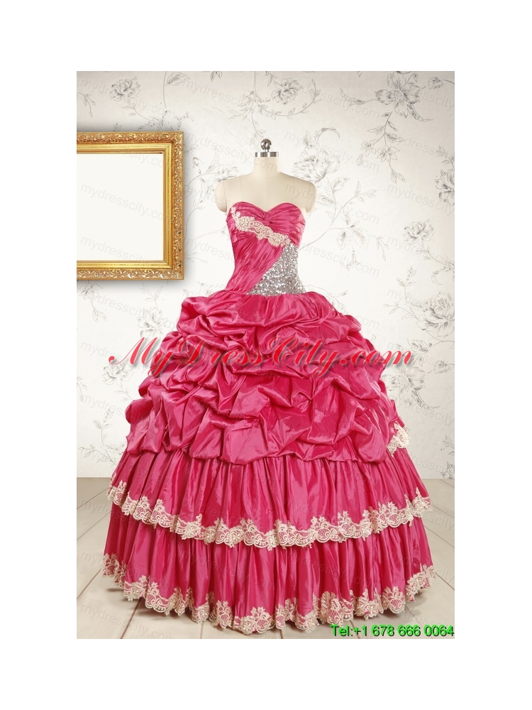Cheap Appliques Sweet 15 Dresses in Coral Red