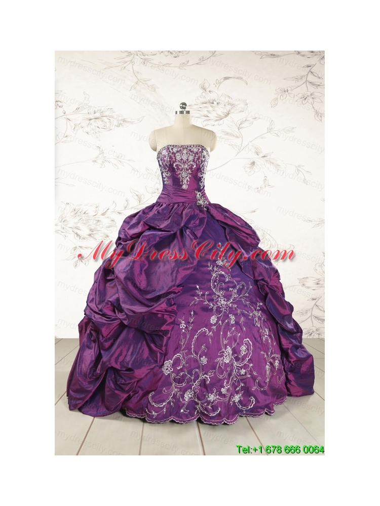 Purple Strapless 2015 Quinceanera Dresses with Embroidery