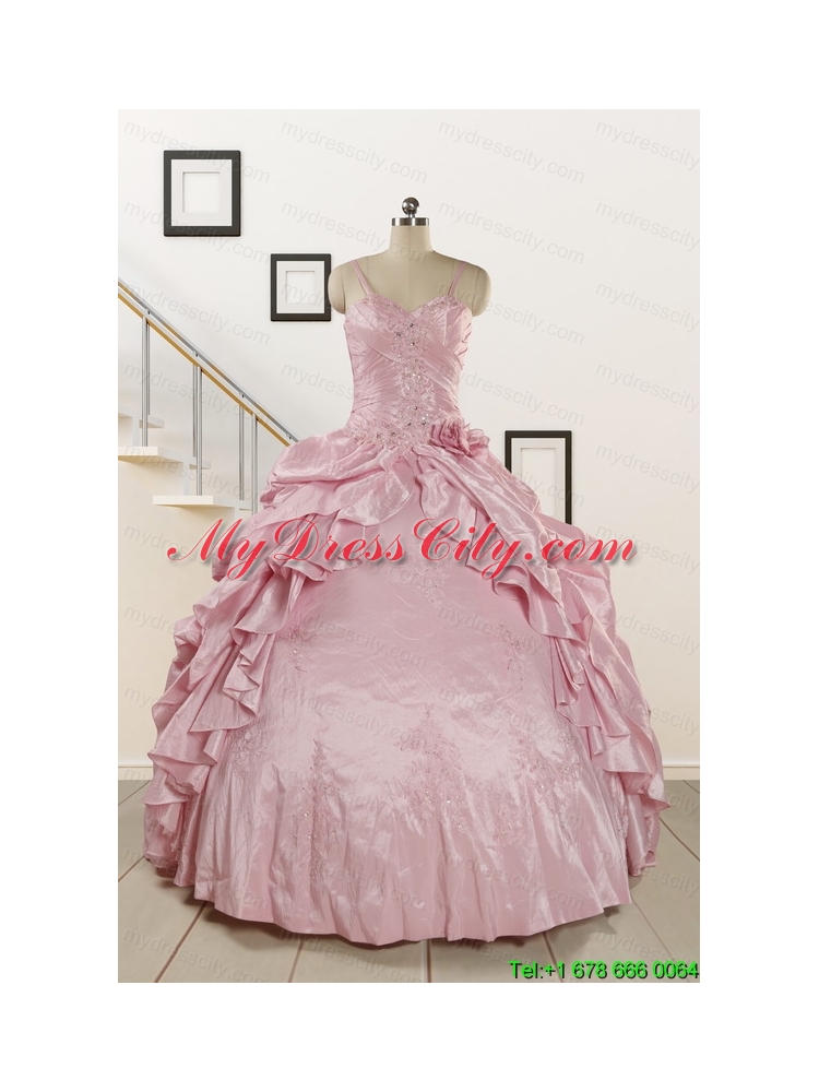 2015 Sweet Spaghetti Straps Beading Pink Quinceanera Dresses