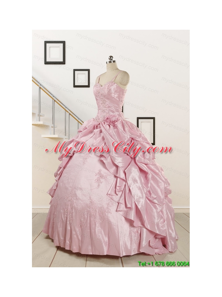 2015 Sweet Spaghetti Straps Beading Pink Quinceanera Dresses
