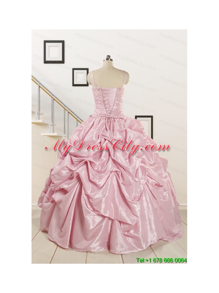 2015 Sweet Spaghetti Straps Beading Pink Quinceanera Dresses