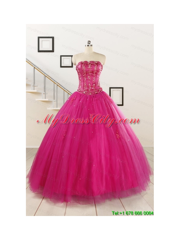 Perfect Fuchsia Quinceanera Dresses with Beading and Appliques for 2015