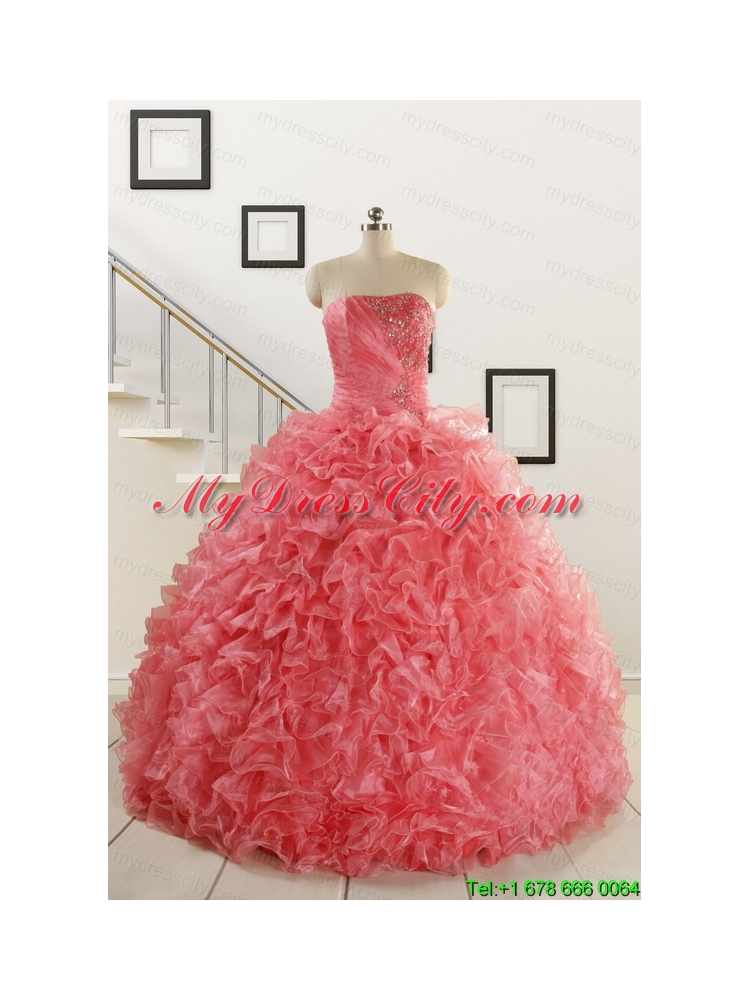 2015 New Arrival Watermelon Red Sweet 15 Dress with Beading