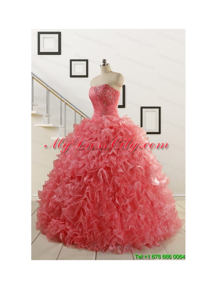 2015 New Arrival Watermelon Red Sweet 15 Dress with Beading