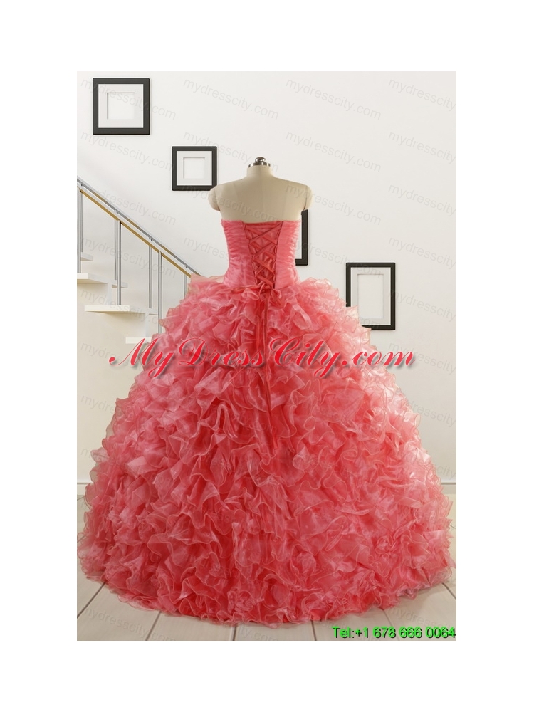 2015 New Arrival Watermelon Red Sweet 15 Dress with Beading