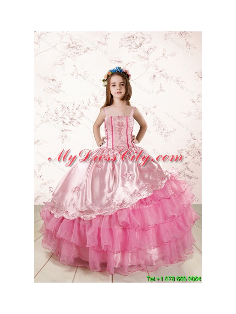 Unique Appliques and Ruffled Layers Little Girl Dress in Baby Pink