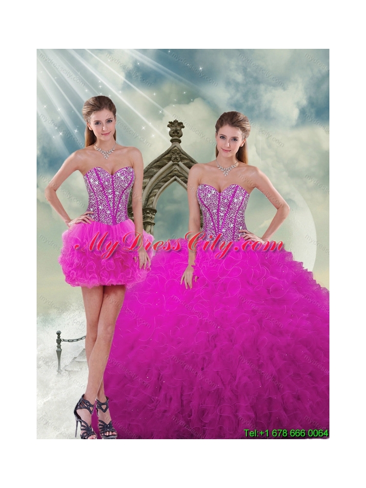 Detachable and Best Quinceanera Dresses with Beading and Ruffles in Fuchsia for 2015 Spring