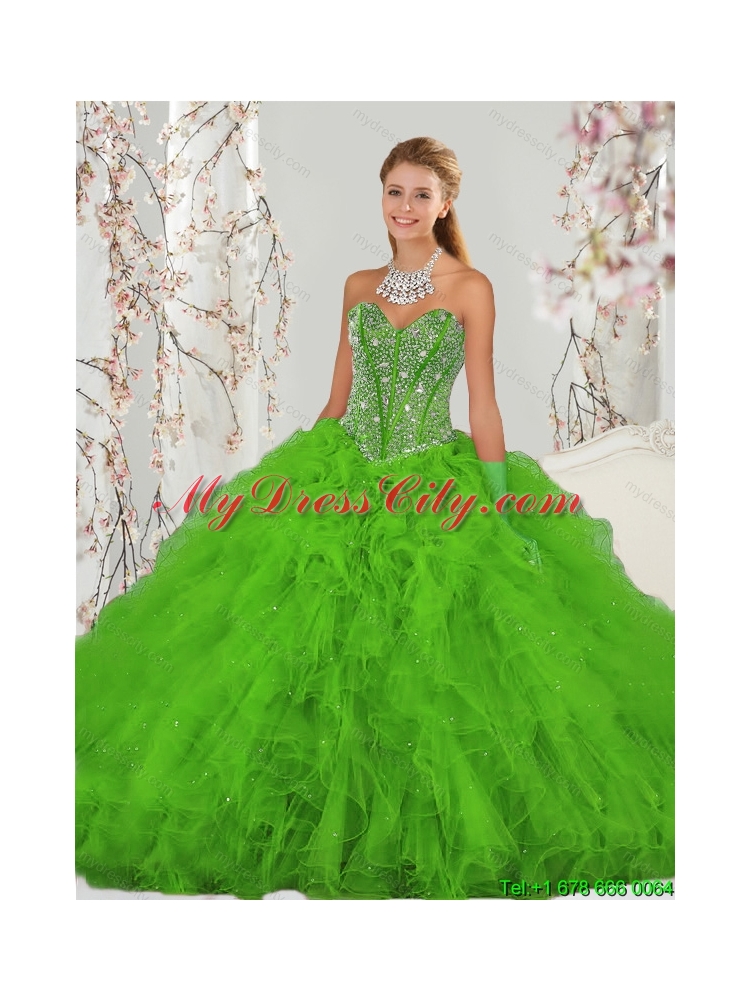 2015 Detachable and Unique Beading and Ruffles Spring Green Sweet 15 Dresses