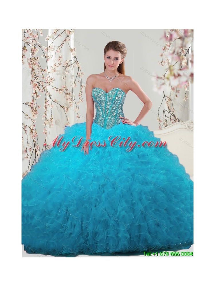 2015 Spring Detachable and Unique Beading and Ruffles Turquoise Dresses For Quince