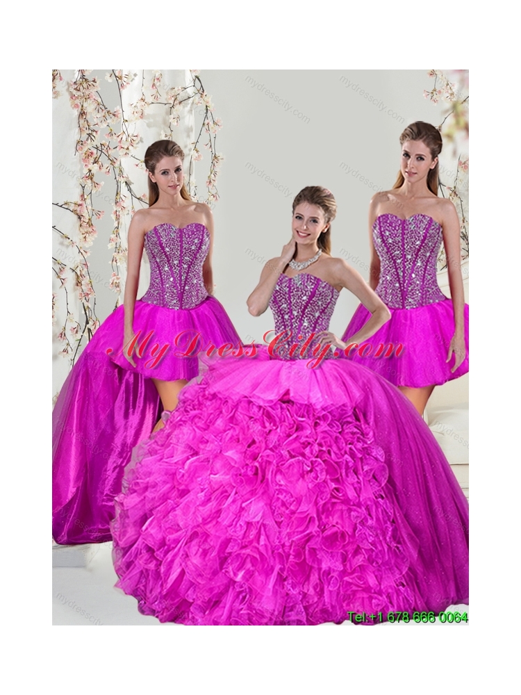 Detachable and Elegant Beading and Ruffles Fuchsia Quinceanera Dress for 2015