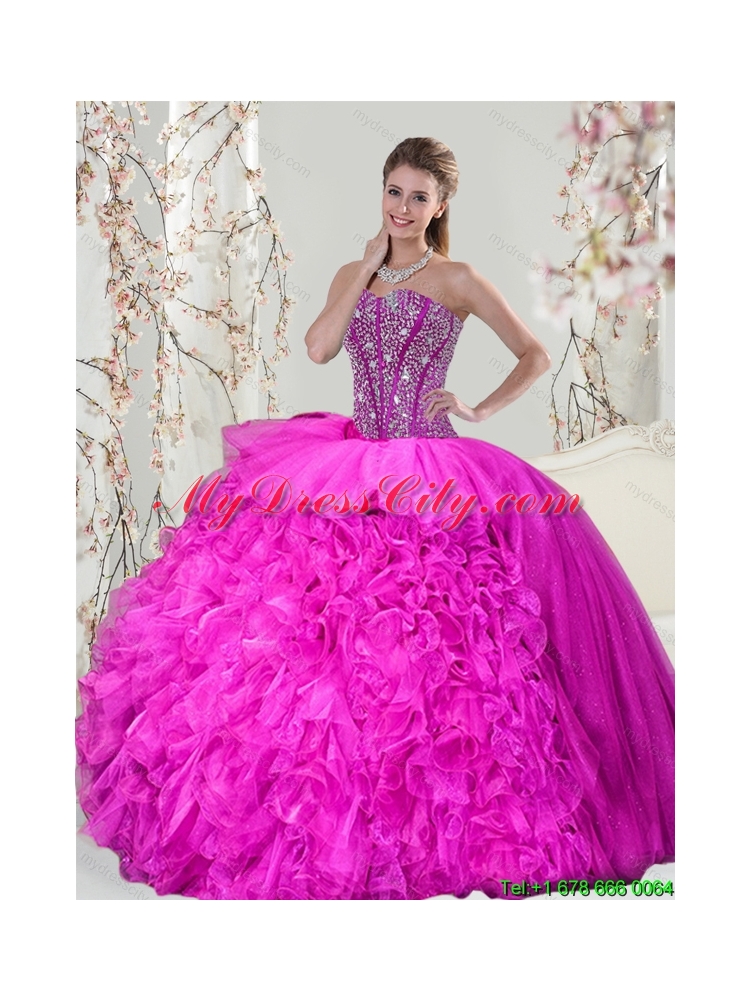Detachable and Elegant Beading and Ruffles Fuchsia Quinceanera Dress for 2015