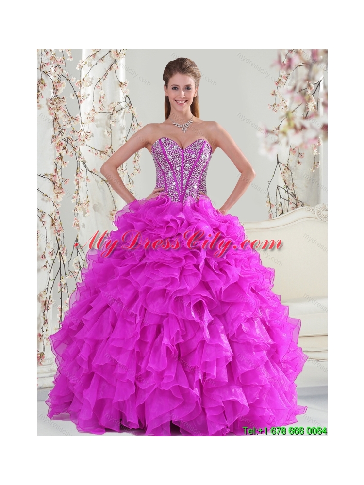 Detachable and Elegant Beading and Ruffles Fuchsia Quinceanera Dress for 2015
