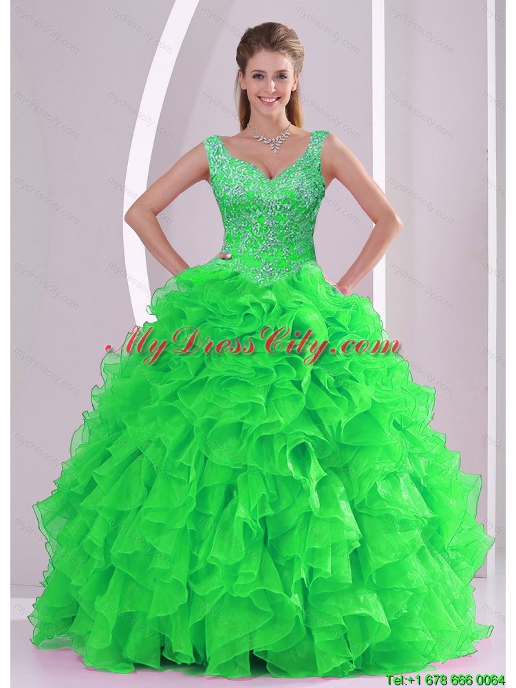 Wonderful Beading and Ruffles Spring Green Quinceanera Dress Skirts