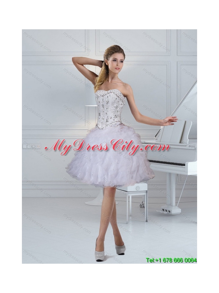 2015 Ball Gown Sweetheart White Prom Dresses with Ruffles and Beading