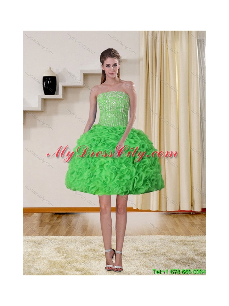2015 Spring Green Strapless Prom Dresses with Beading and Ruffles