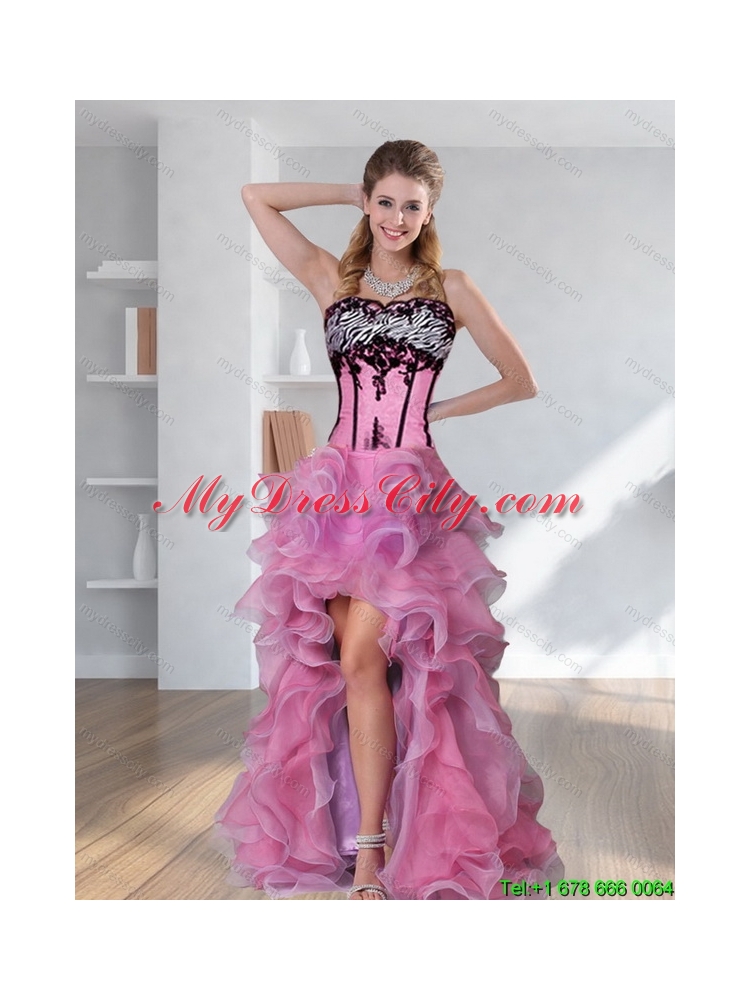 2015 Zebra Printed Strapless High-low Rose Pink Prom Dresses with Embroidery