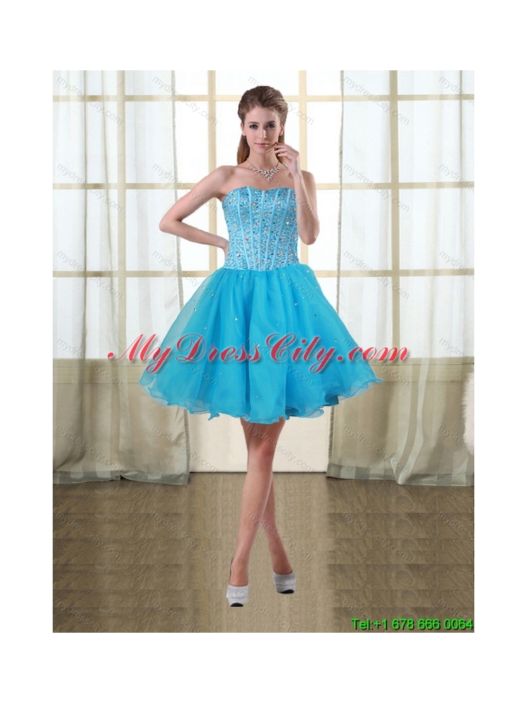 2015 Fashionable Sweetheart High Low Baby Blue Prom Dresses with Beading