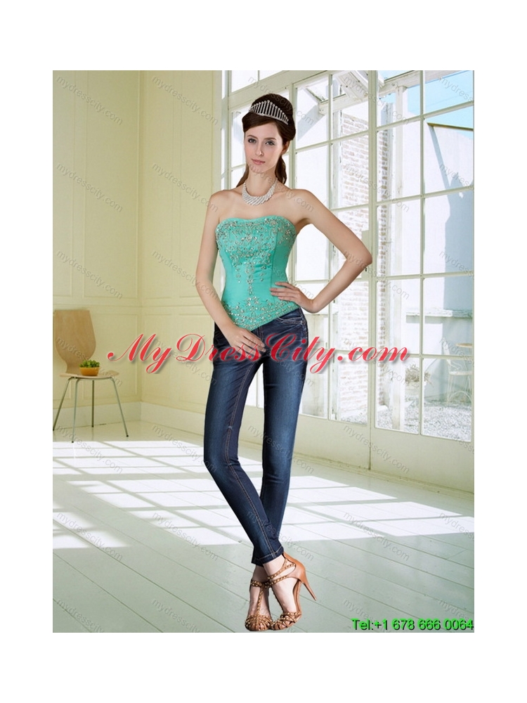 Apple Green Strapless 2015 Prom Dresses with Embroidery and Beading