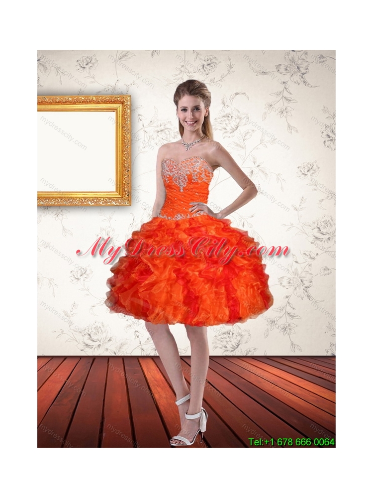 High Low Sweetheart Orange Prom Dresses with Ruffles and Beading