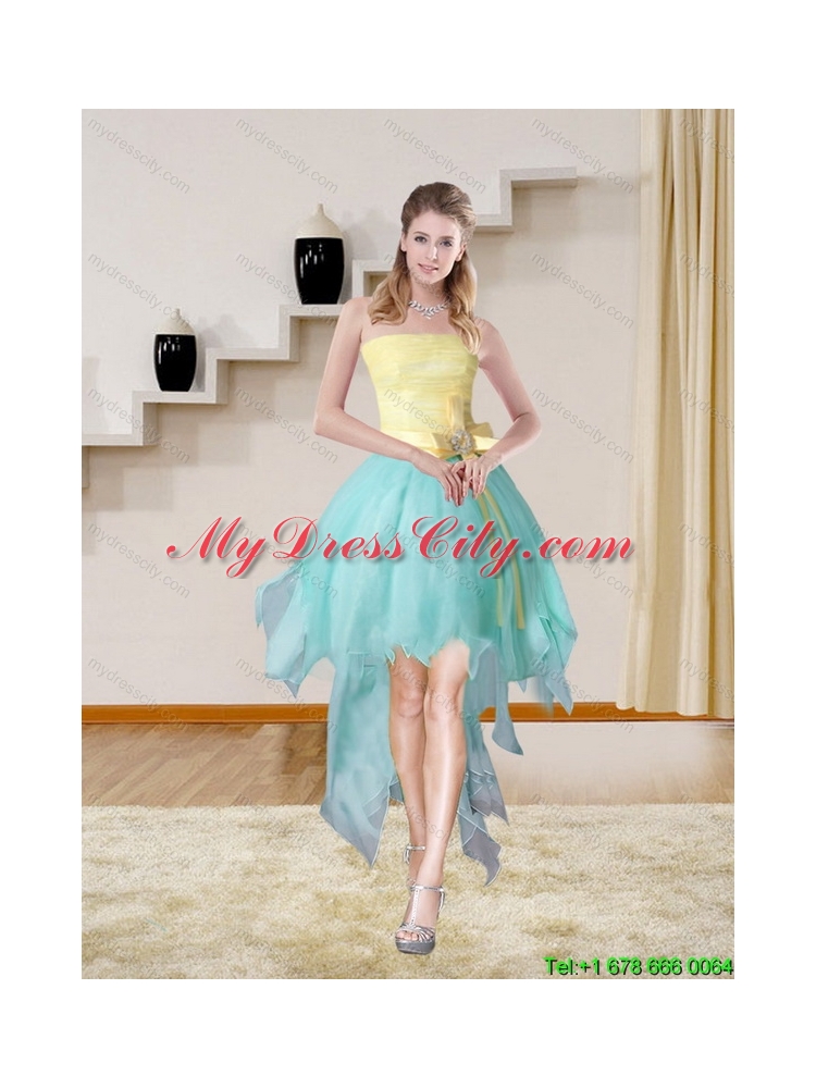 Multi Color Strapless High Low 2015 Elegant Prom Gown with Bowknot