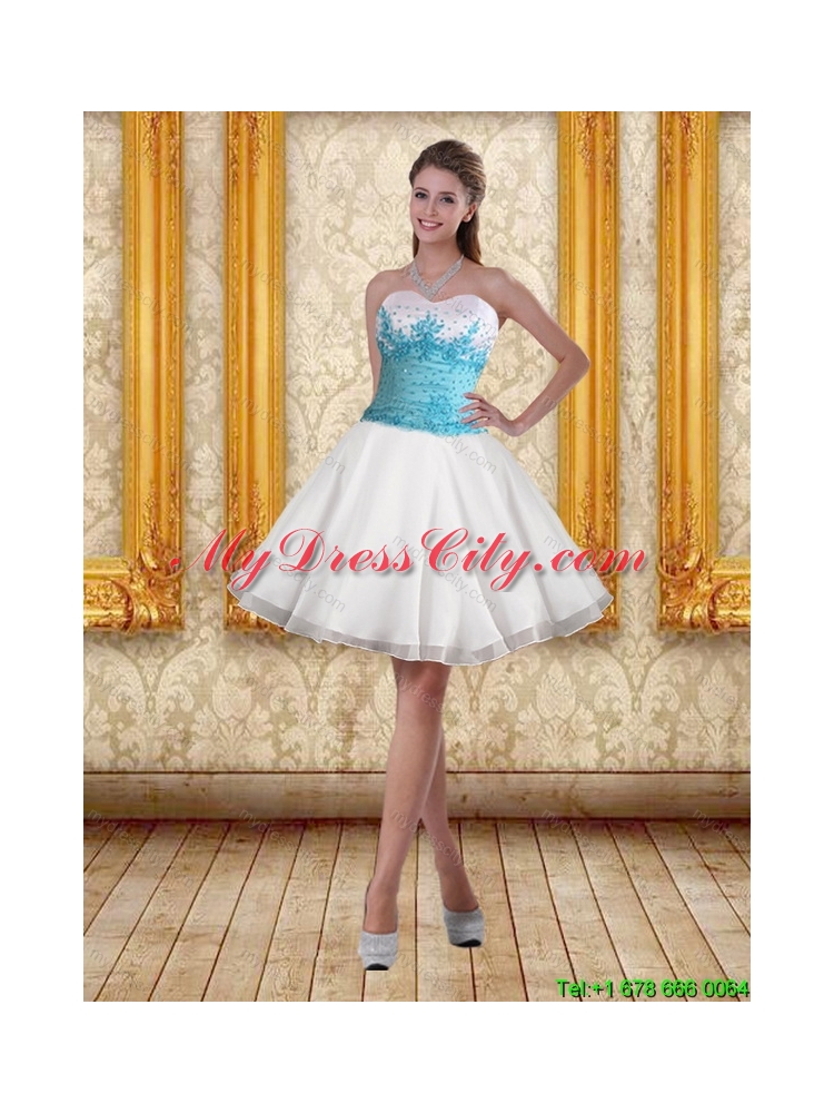 White Sweetheart High Low 2015 Prom Dresses with Blue Embroidery