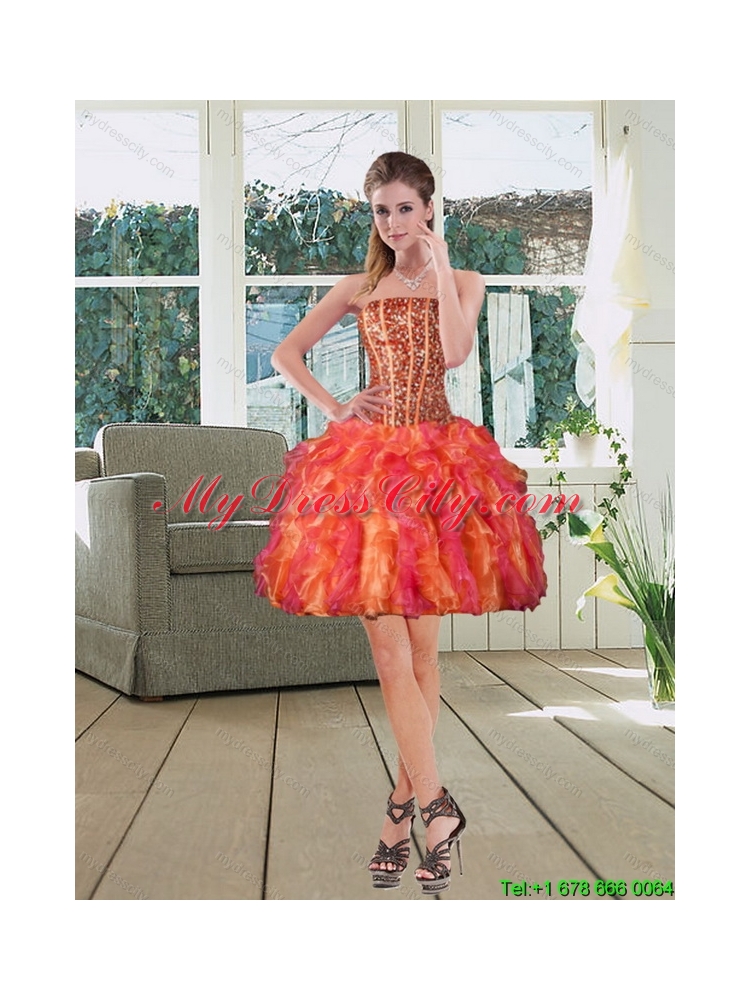 High Low Multi Color Strapless Prom Dresses with Beading and Ruffles