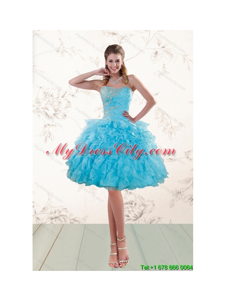 2015 Fashionable Baby Blue Prom Gown with  Ruffles and Beading