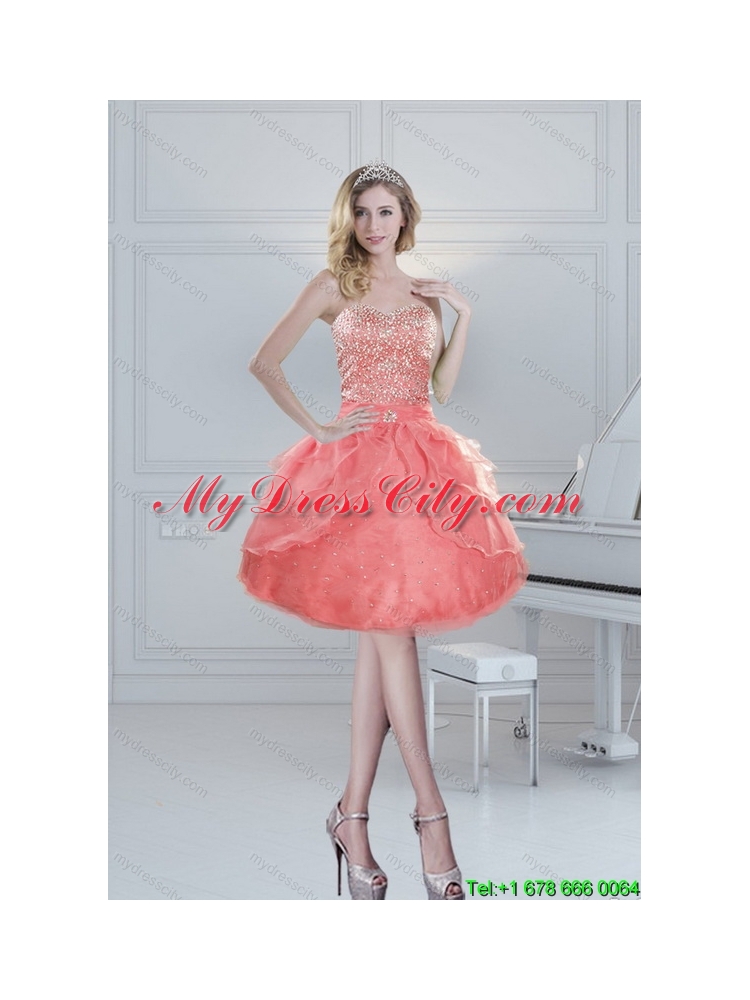 2015 Pretty Puffy Sweetheart Watermelon Prom Dresses with Beading