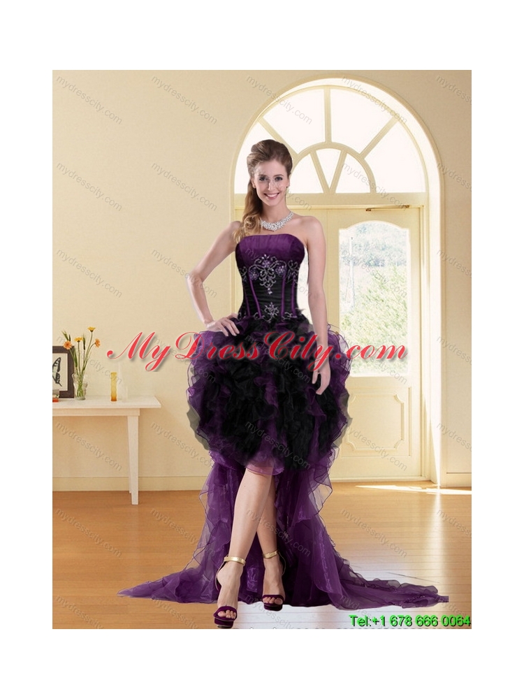 Pretty Multi Color High Low Strapless Beading Ruffled Short Prom Dresses for 2015