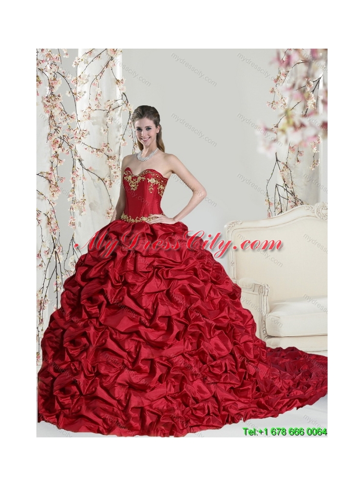 Luxurious Sweetheart 2015 Red Quinceanera Dress with Embroidery and Pick Ups